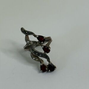 Vintage Sterling Silver Garnet & Marcasite Statement Ring - Size 6